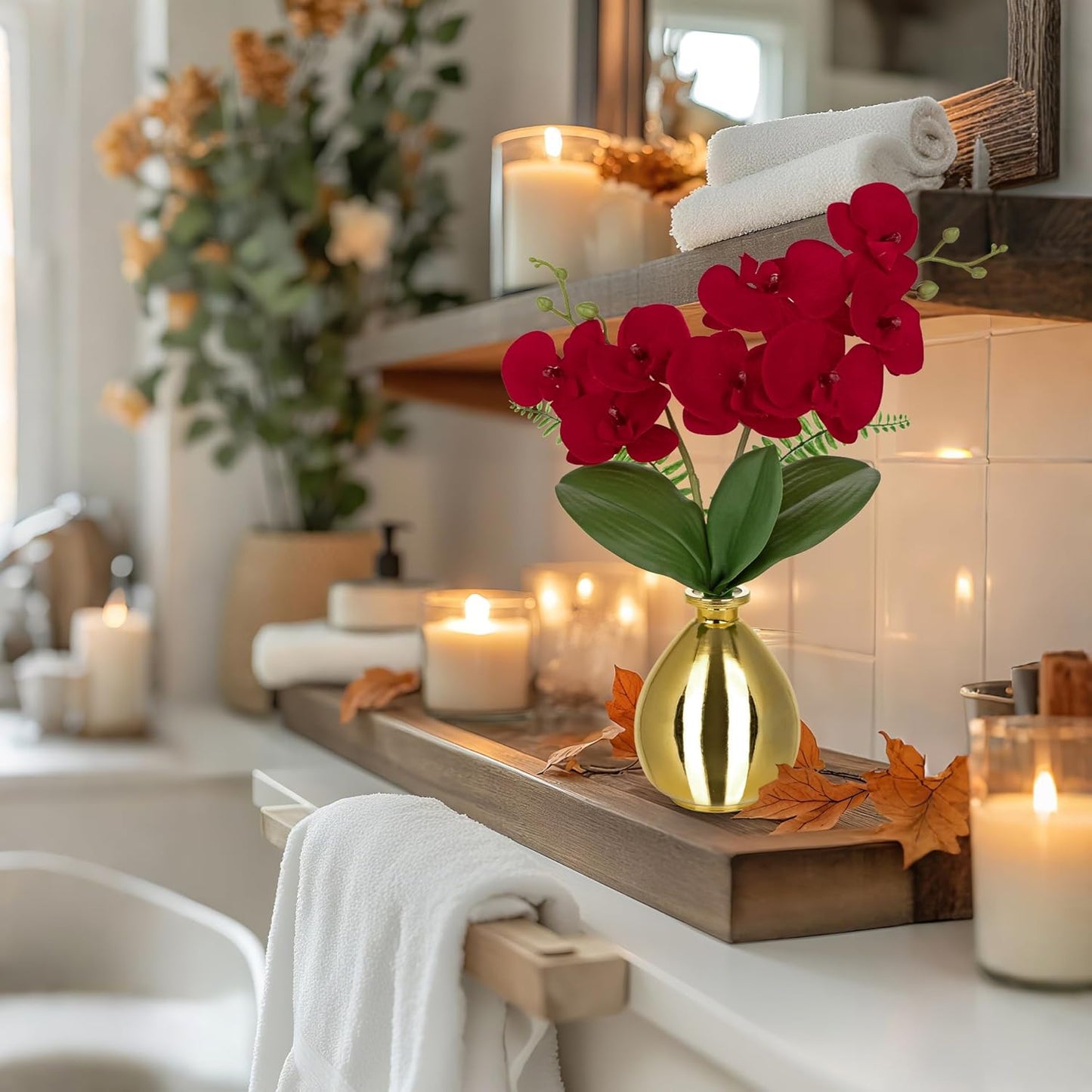 Red Orchids Artificial Flowers, Faux Orchid in Glass Vase Real Touch Small Phalaenopsis Orchid Flowers Arrangements with Gold Vase Orchids Centerpiece for Dining Room Table