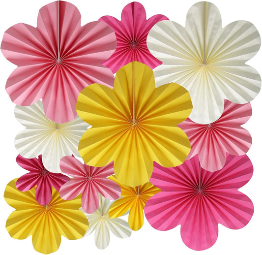 BestoFun 12 PCS Paper Flowers Fans Pink and Yellow Party Decorations Paper Flowers Decorations for Wall Girl Groovy Birthday Baby Shower Wedding Bachelorette Room Hanging Décor