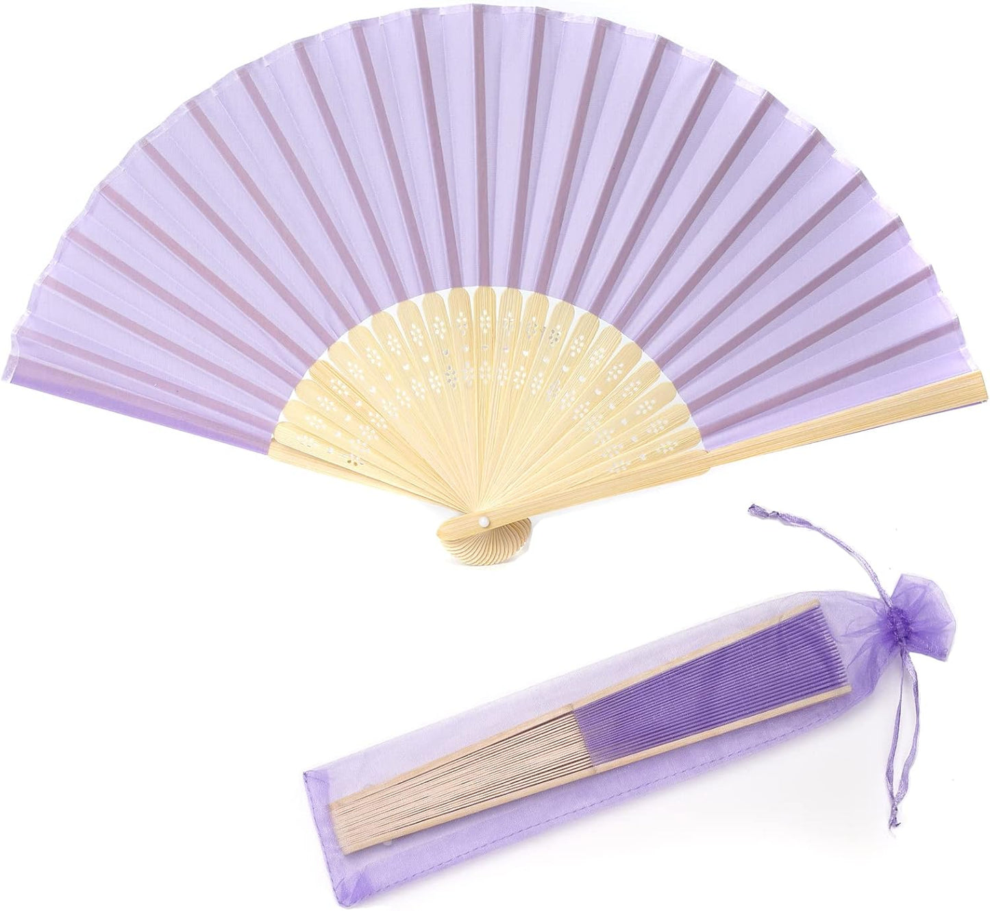 24pcs Imitated Silk Hand Fan Imitated Silk Fabric Bamboo Handheld Folded Fan Bridal Dancing Props Church Wedding Party Favors with Organza Bags (Light Purple)
