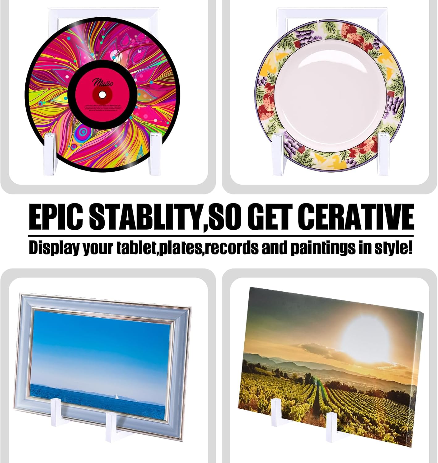 Sweetude 2 Pcs Large Plate Stands for Display Metal Frame Plate Holder Display Stand Decorative Table Top Easels for Picture, Book, Platter, Photo Easel(White,8 Inch)