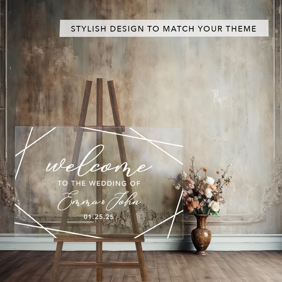 Andaz Press Custom Large Wedding Acrylic Sign, 16 x 24 Inches, Geometric Welcome, Personalized Sign, Welcome Sign For Modern Wedding Theme Wedding Decorations