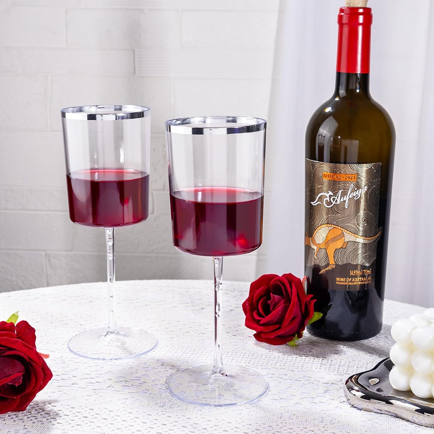 Ciaell 12 Pack Plastic Wine Glasses - 10 Oz Plastic Wine Glasses with Stem - Square Silver Disposable Stemmed Glass for Parties & Weddings & Outdoors