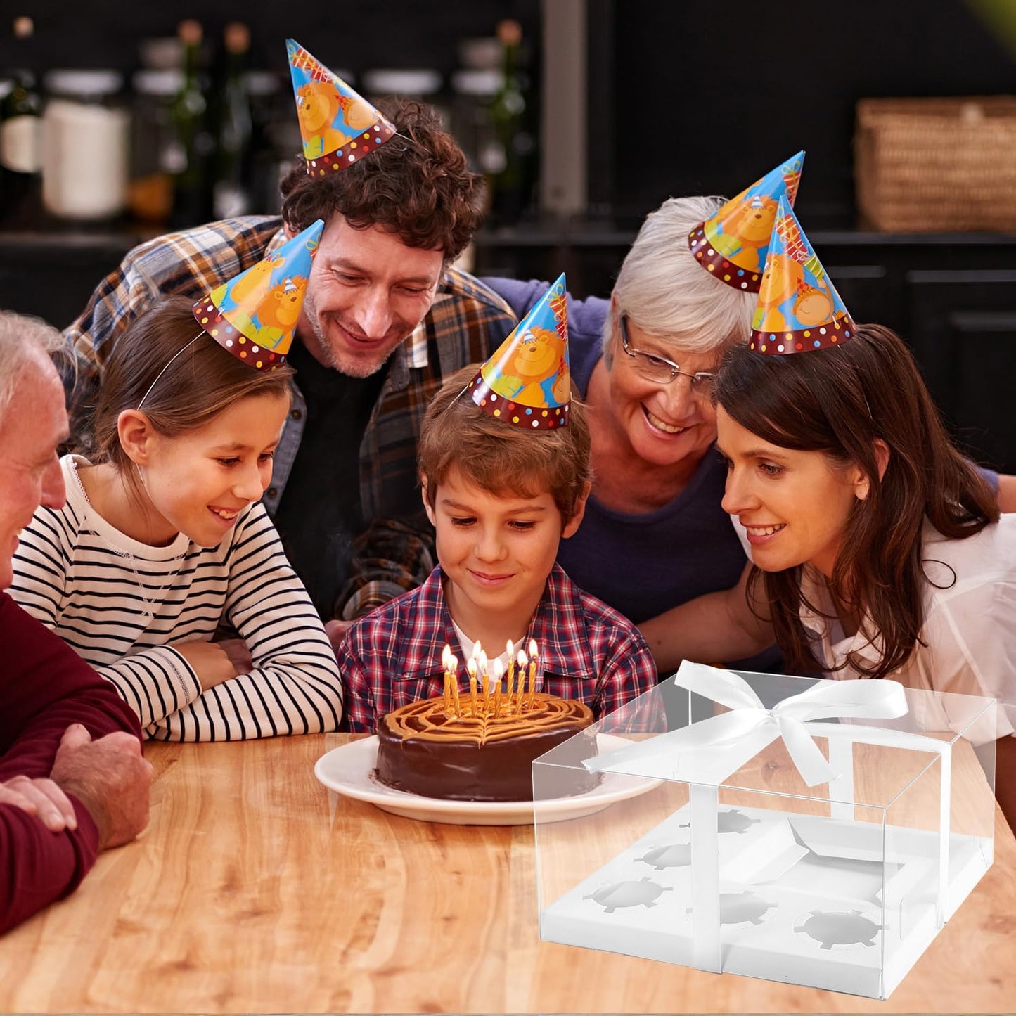 JCD 9 Packs Cake Cupcakes Combo Box 1+5 Cupcake Containers with Gift Ribbon Bento Clear Boxes (5 Cupcakes with a mini Cake) (1+5/9Pcs)