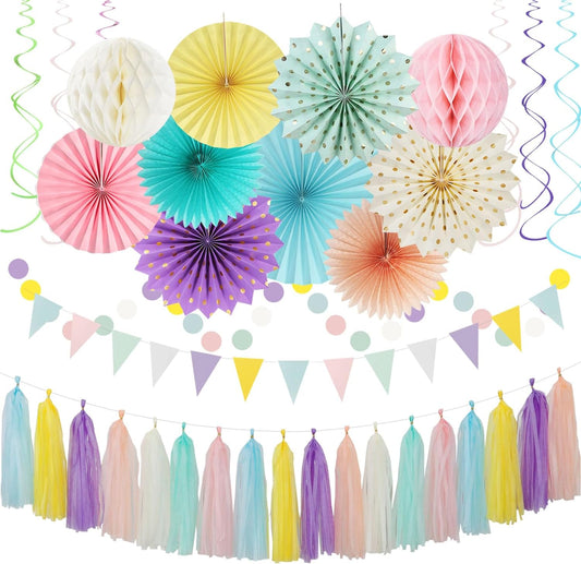 Pastel Rainbow Pink Purple Yellow Peach Party-Decorations - 33pcs Kits Banner,Streamers Tassel Garland,Tissue Pom Poms Honeycomb,Paper Lantern Fans,Birthday Wedding Bridal Baby Shower Decor Hugtmr