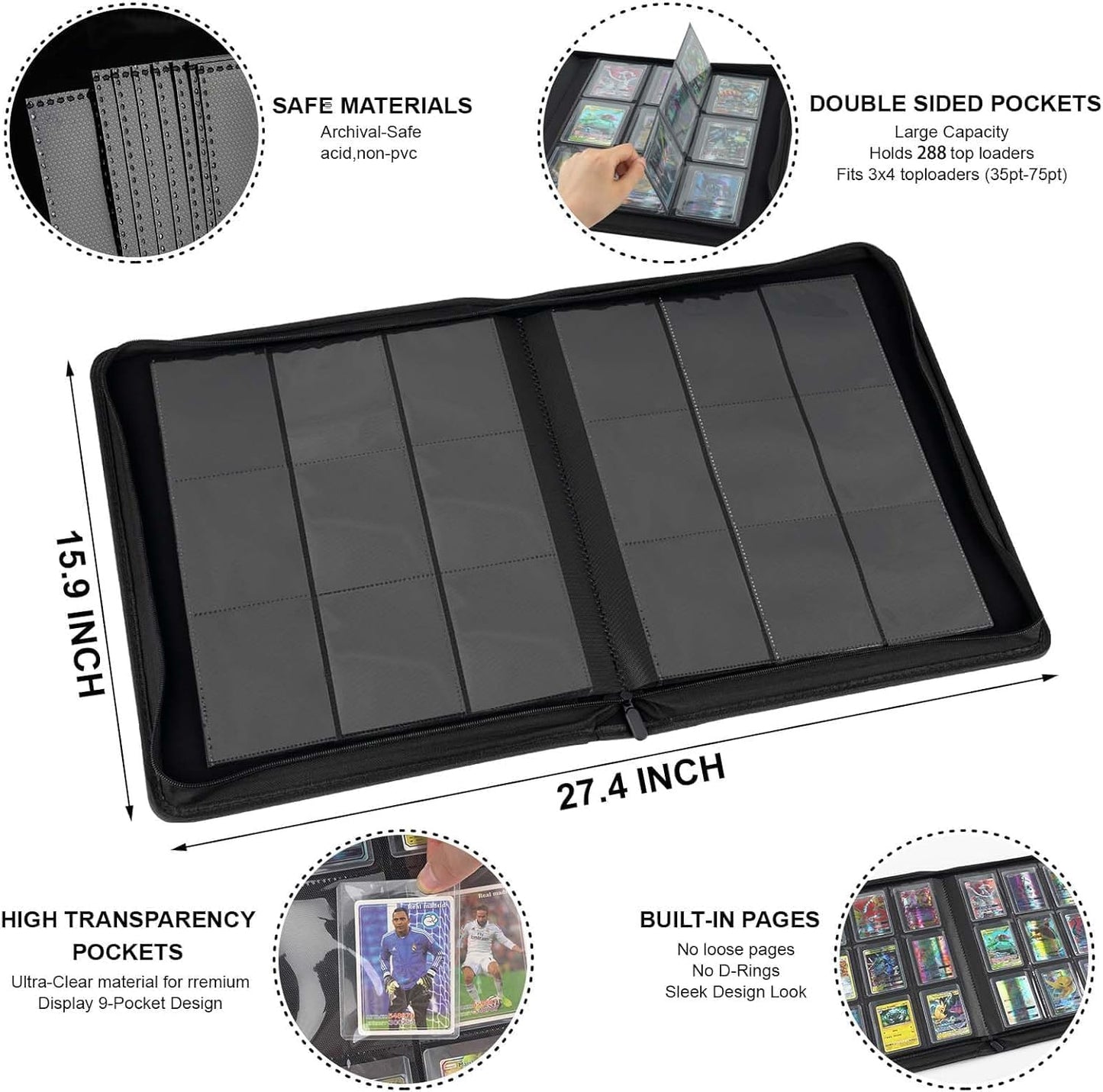 Toploader Binder with 9-Pocket Pages, Holds 288 "3×4" Rigid Toploader Hard Cases, Card Holder for Collectible Cards or Sports Cards, Durable Sleeves for Storage & Display (Grass)