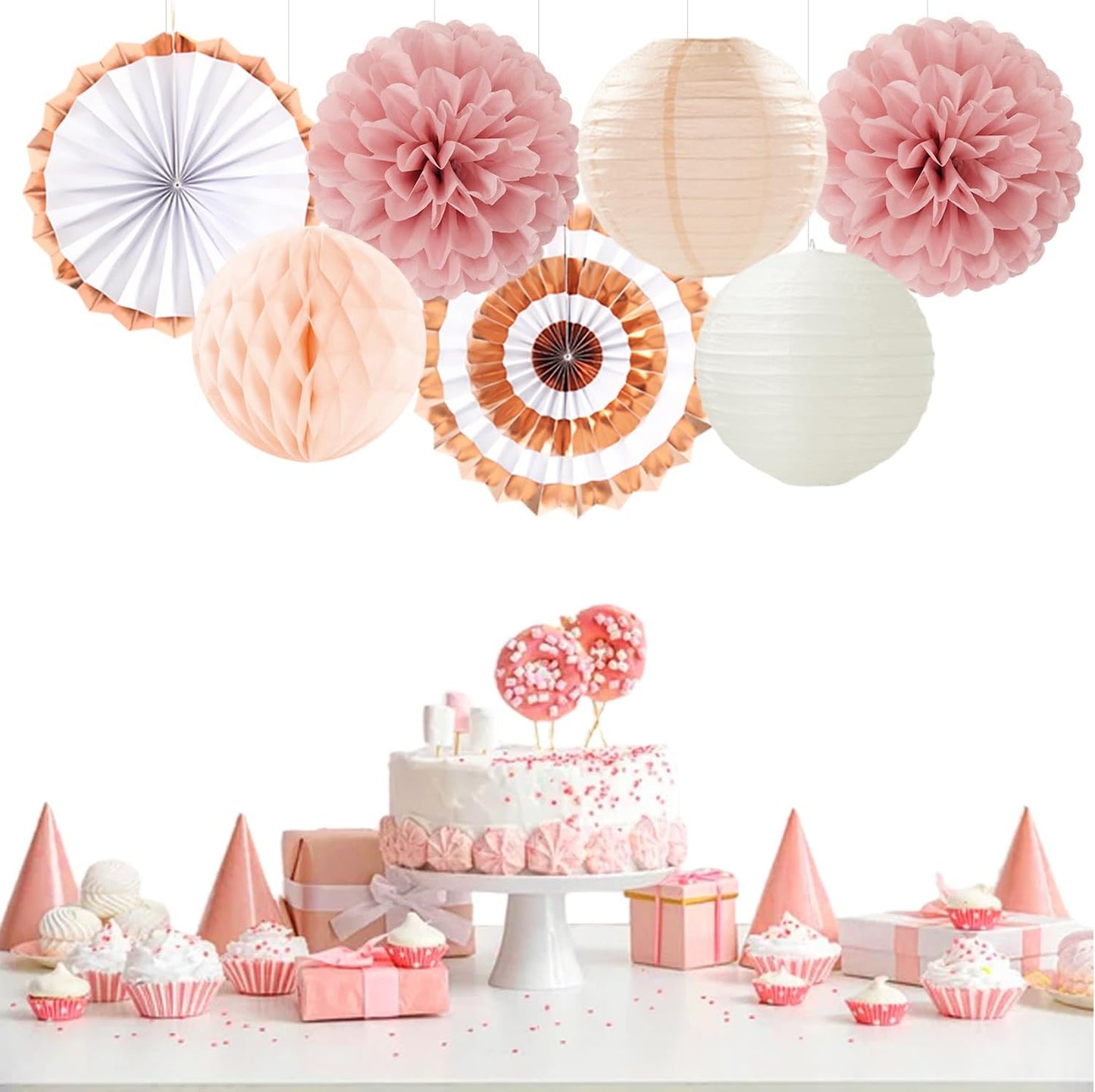 Pink Champagne-Beige Rose-Gold Boho Party-Decorations - 14Pcs Women Girls Birthday Streamers Lanterns Honeycomb Fan,Tissue Pom Poms,Fall Baby Bridal Shower Wedding Backdrop Classroom Decor Ouruola