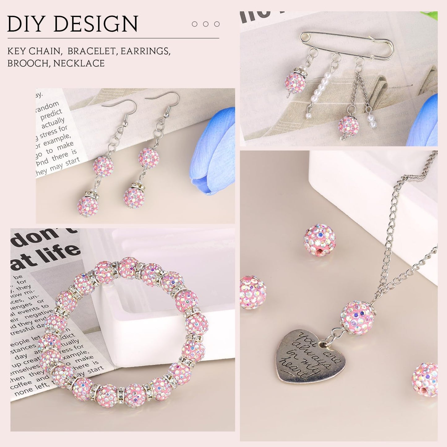 100pcs 10mm Rhinestone Beads for Jewelry Making, Pink AB Shiny Round Shamballa Disco Beads Bulk, Sparkle Crystal Clay Christmas for Bracelet Baseball Necklace Earring Crafting and DIY