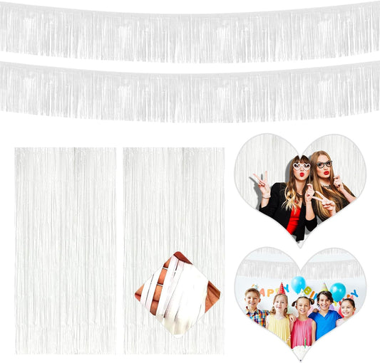 4P Metallic Foil Fringe Tinsel Streamer Banner Table Skirts for Rectangle Tables Backdrop Garland Curtains for Parade Floats Wedding Graduation Anniversary Birthday Parties Decoration (Makaron White)