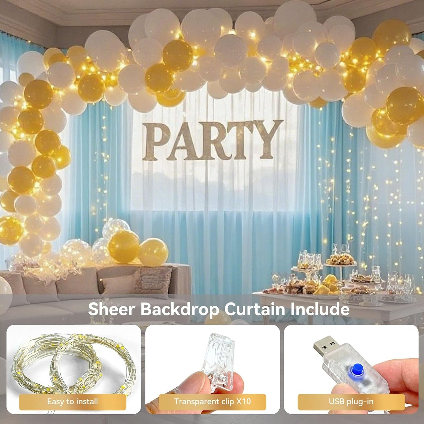 10×8ft Tulle Backdrop Curtains with Lights String - 300LED Fairy Lights Sheer Curtain Backdrop for Weddings Baby Shower and Birthday Party Decorations(4 Panels 5×8ft)