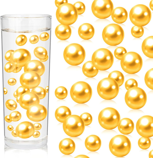 100PCS Golden Yellow Faux Pearls Beads for Centerpiece Vases, Vase Filler Faux Pearls, No Holes Filler Beads for Party Mardi Gras Wedding Table Decor, 14/20/30mm