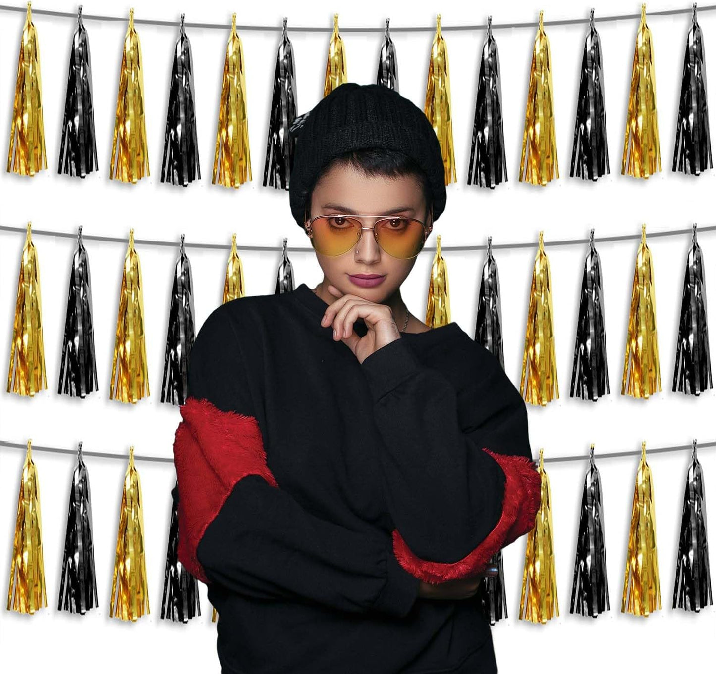 3P Metallic Fringe Tassel Banner Garland Foil Tinsel Streamer Wall Hanging Curtain Backdrop Banner for Parade Floats,Graduation Decorations, Father's Day,New Years Party Decoration(Black Gold)