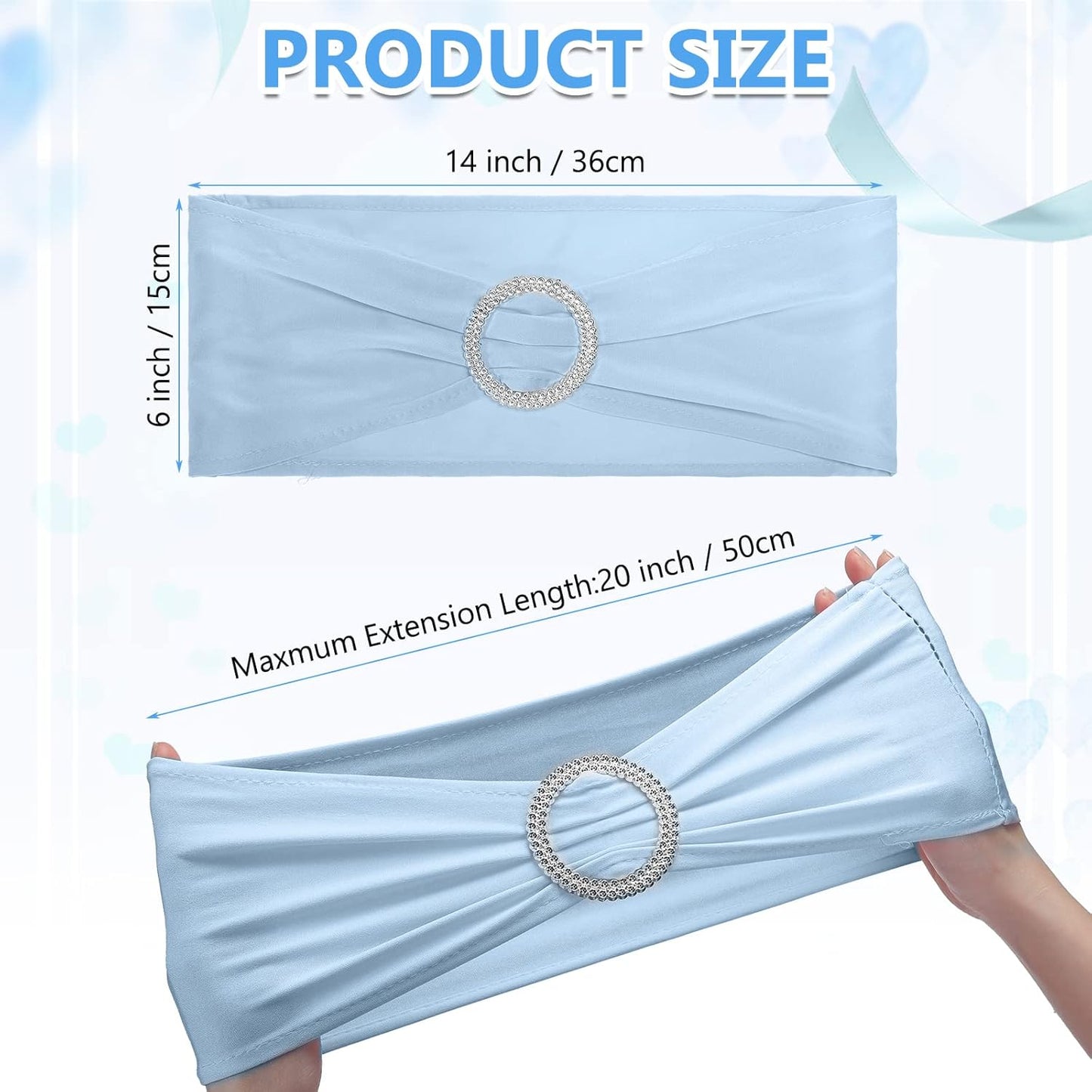 CHENGU 150 Pieces Spandex Stretch Chair Sashes Bows Elastic Chair Cover Bands Ties with Buckle Slider for Wedding Party Reception Events Universal Ceremony Banquet Decorations (Sky Blue)