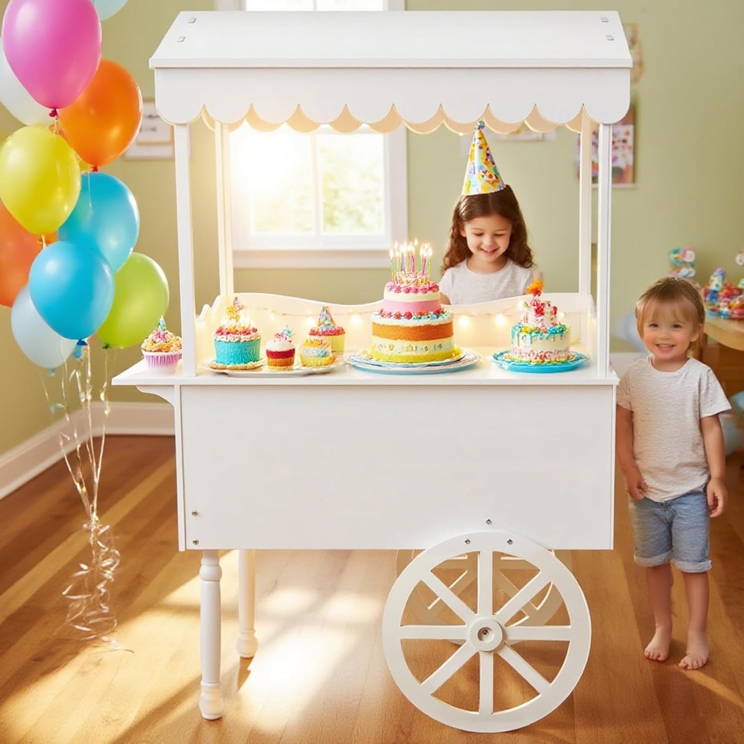 7FT Candy Cart Display Stand with Decorated Wheels, Dessert and Party Decoration Cart with 100 Ballons, Easy to Install Vintage for Parties, Birthdays, Weddings, (White)