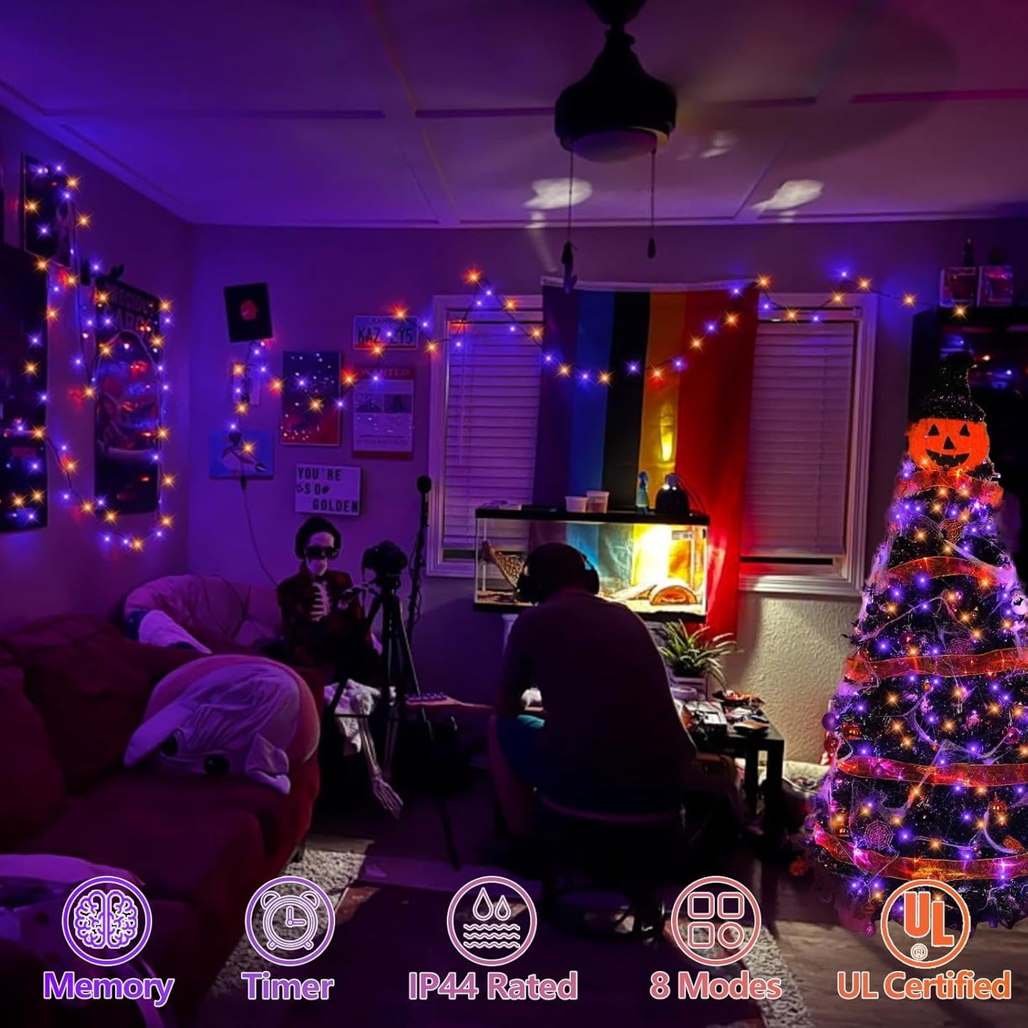 YEGUO 66ft 200 LED Orange and Purple Halloween Lights Outdoor Waterproof, Green Wire Christmas String Lights Indoor, 8 Modes Twinkle Tree Lights Plug in with Timer Memory