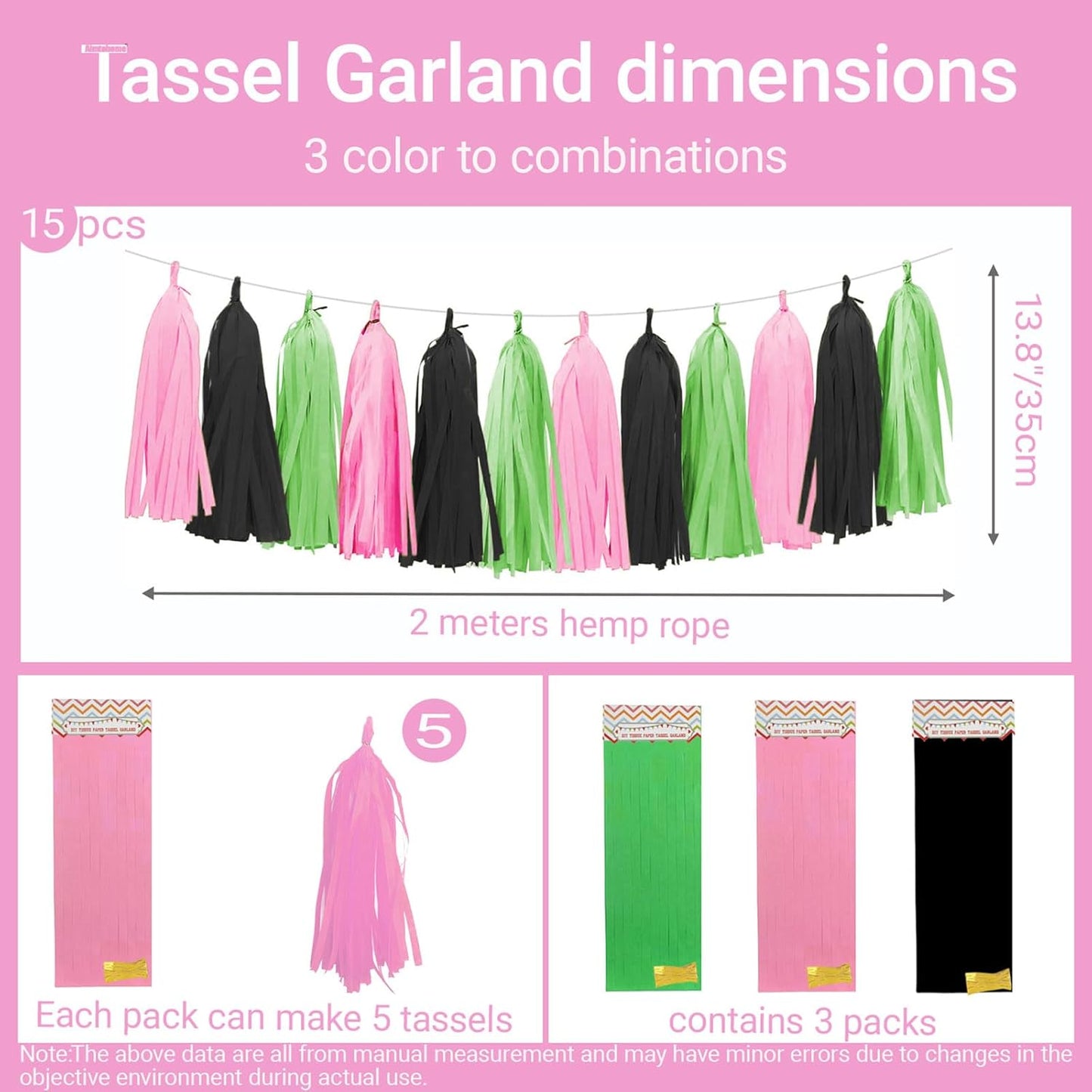 Tissue Paper Tassel Garland Banner, 15 Pack, Pink Green Black, Party Decorations for Birthday, Baby Shower