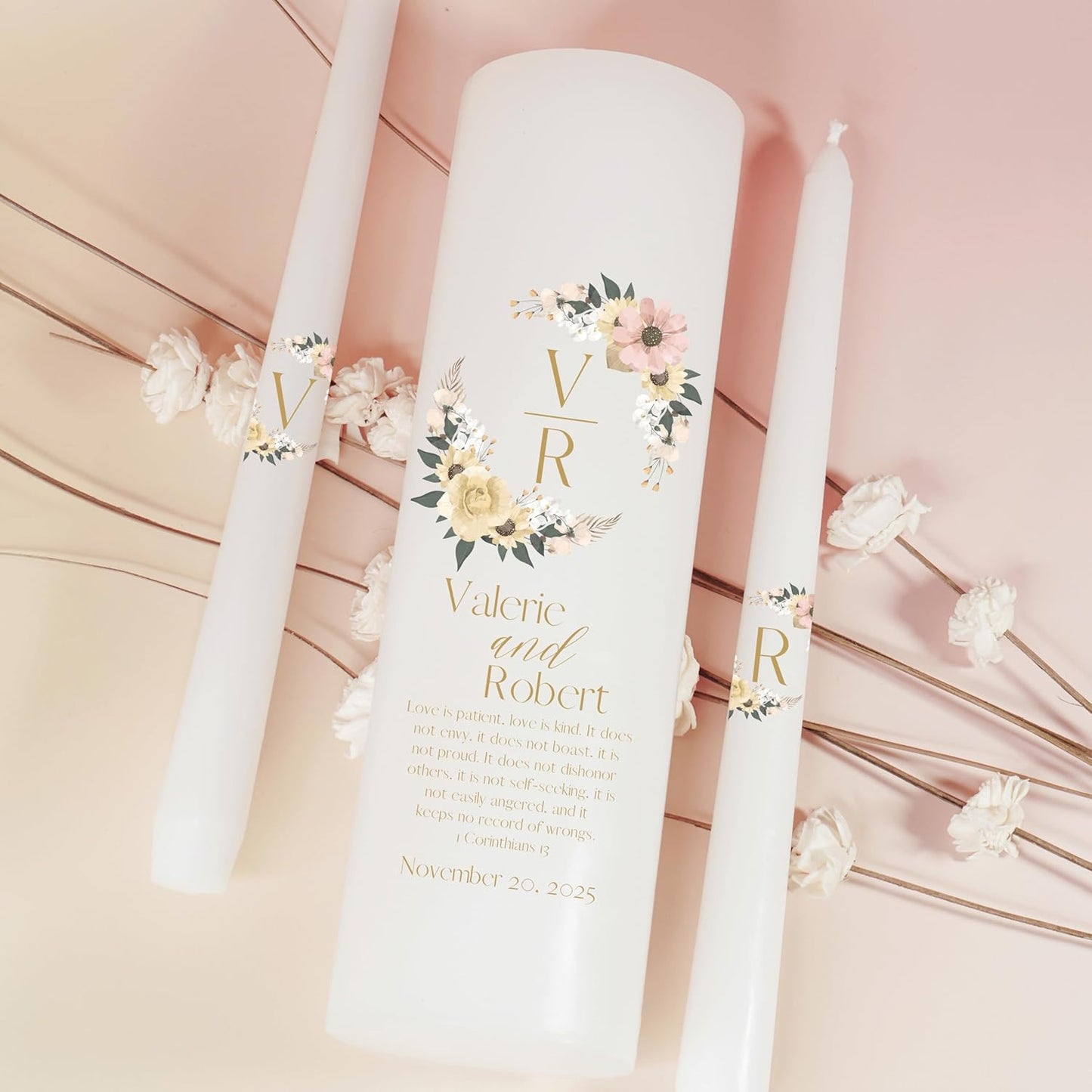 Unity Candles for Wedding, Modern Unity Set, Custom and Personalized Pillar and Taper Candles with Bible Quote, Unscented White Premium Wax, Religious and Wedding Ceremony, Special Events