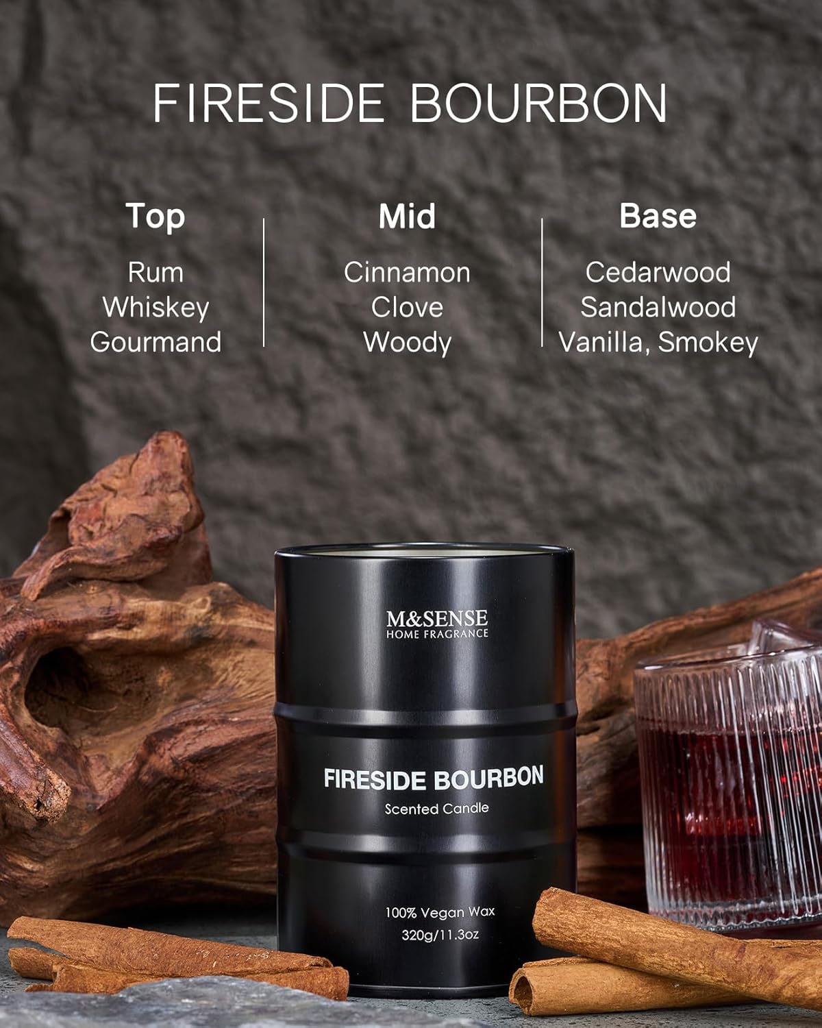 M&SENSE Scented Candle, Fireside Medium Jar Candle Gifts for Men, 70 Hours Slow Burning Natural Soy Candles 11.3oz, Stress Relief Aromatherapy Candles Home Decor, Valentines Day Gifts for Him