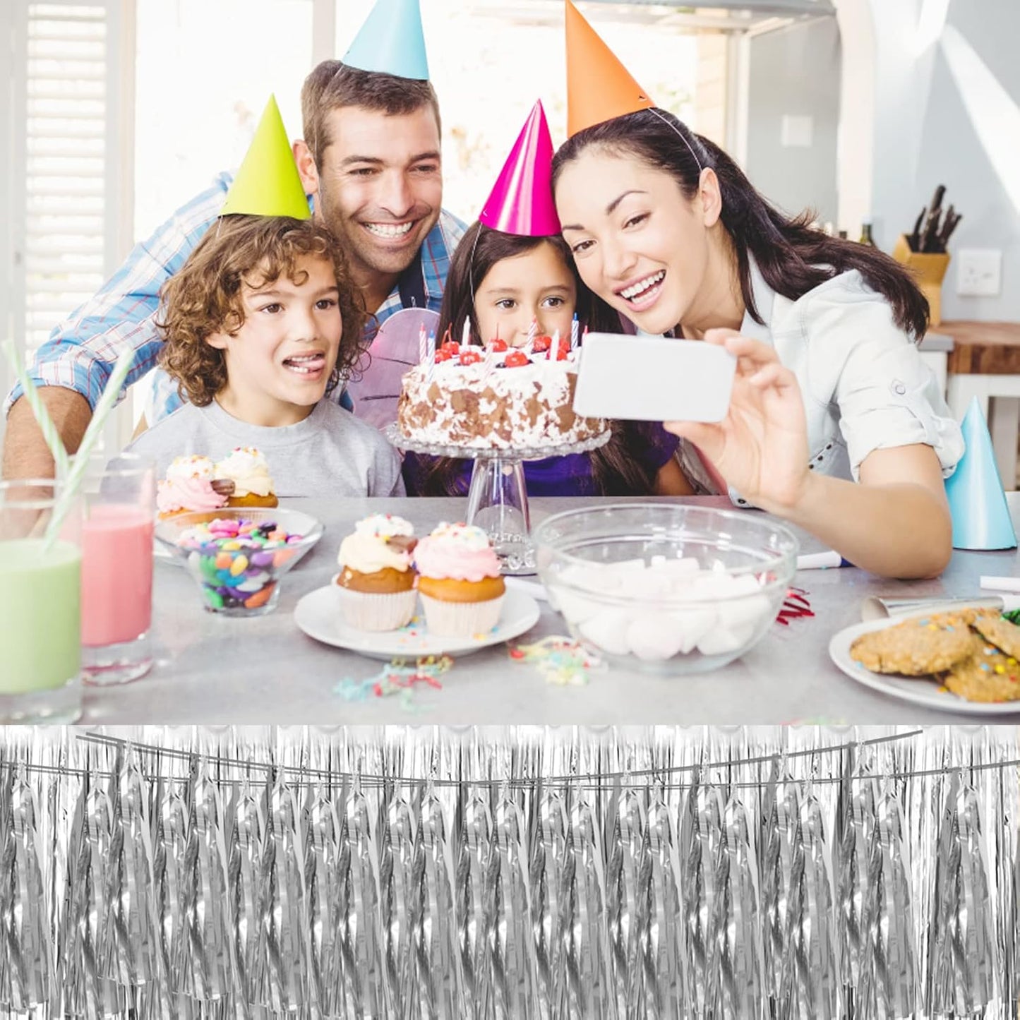 4P Silver Foil Fringe Metallic Tassel Streamers Banner Tassel Garland for Parade Floats, Bachelorette, Wedding, Birthday, Halloween, Christmas, Bridal/Baby Shower Party Decorations