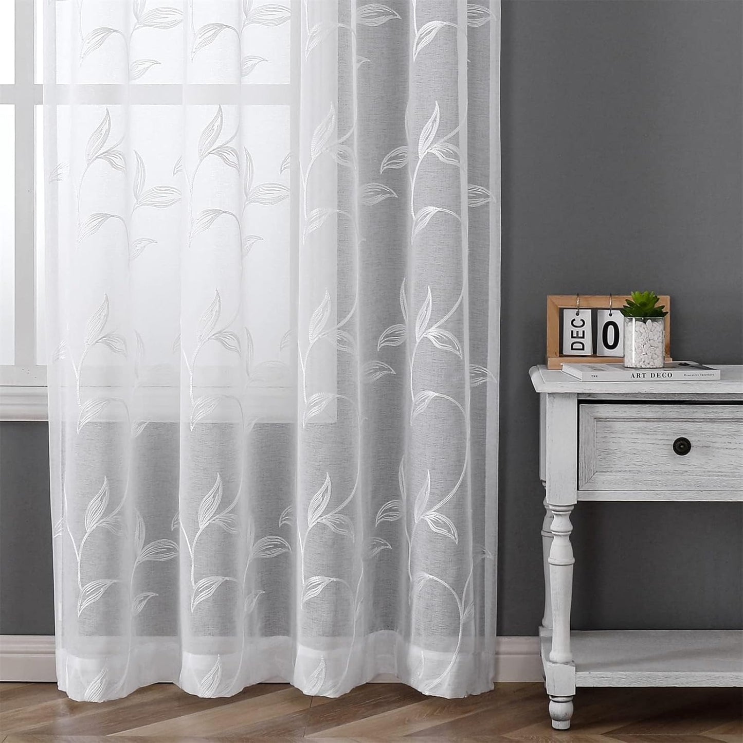VISIONTEX Sheer Curtains 120 inch Length 2 Panels Set, White Voile Crushed Vine Leaves Embroidery, Rod Pocket Embroidered Window Drapes for Living Room and Bedroom, 54" x 120"