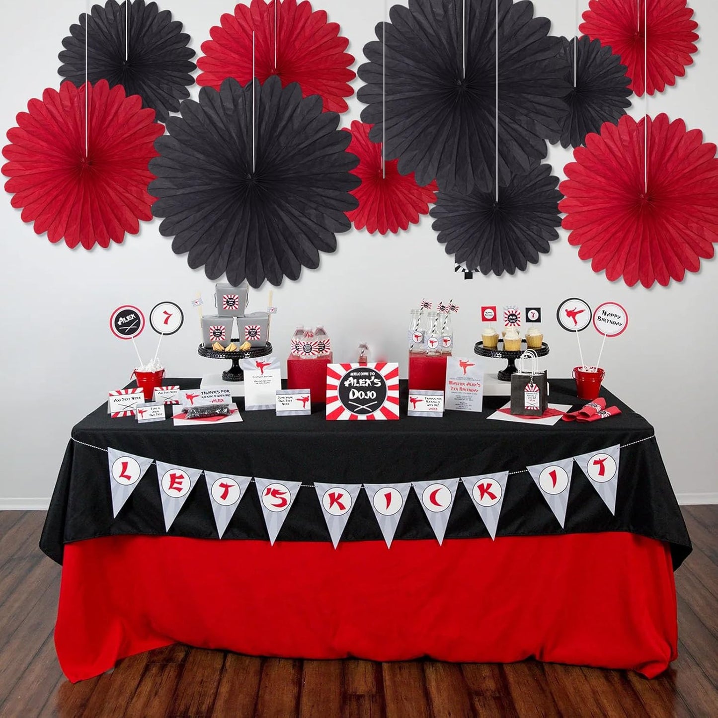 20 Pcs Black Red Hanging Paper Fan, Round Paper Fans Decorations Set for Weddings, Birthdays, Engagement, Bridal Shower, Bachelorette Party Supplies Decor