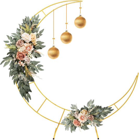 5.9 Feet Moon Shaped Wedding Arch Backdrop Stand Gold Frame for Festival Decorations Easy Assembly Rustproof Reusable Iron Material Ideal for Wedding Venue and Party Balloon Arch Display