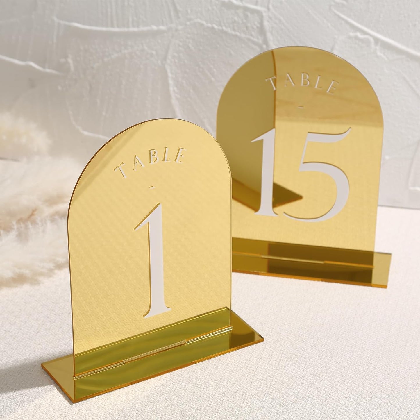 UNIQOOO Gold Mirror Arch Wedding Table Numbers with Stands 1-15, 5x7 Acrylic Display Signs and Holders, Pack of 15, Perfect for Centerpiece, Reception, Decoration, Party, Anniversary, Event