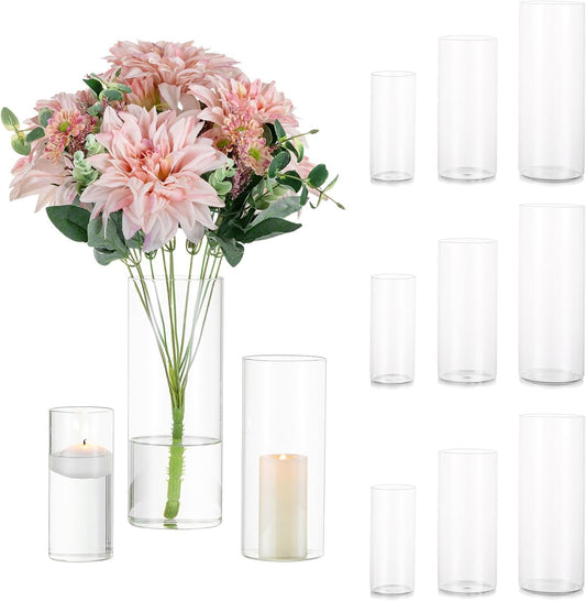 Glasseam Cylinder Vases Set of 12, Hurricane Candle Holder Clear Assorted Sizes, Modern Glass Cylinder Vase, Glass Vases for Centerpieces for Home Decor Wedding Centerpieces, Events, 6''+7.8''+10''