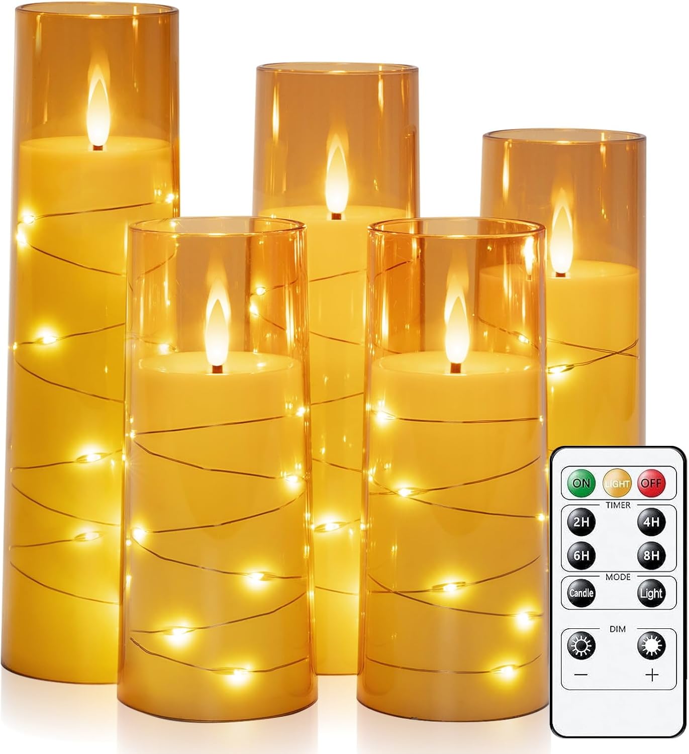 Raycare Flameless Candle with Remote Timer – 5 Flickering Acrylic Battery Operated LED Pillar Candles with Embedded Star String for Halloween, Home Decor, and as a Gift(Glod)