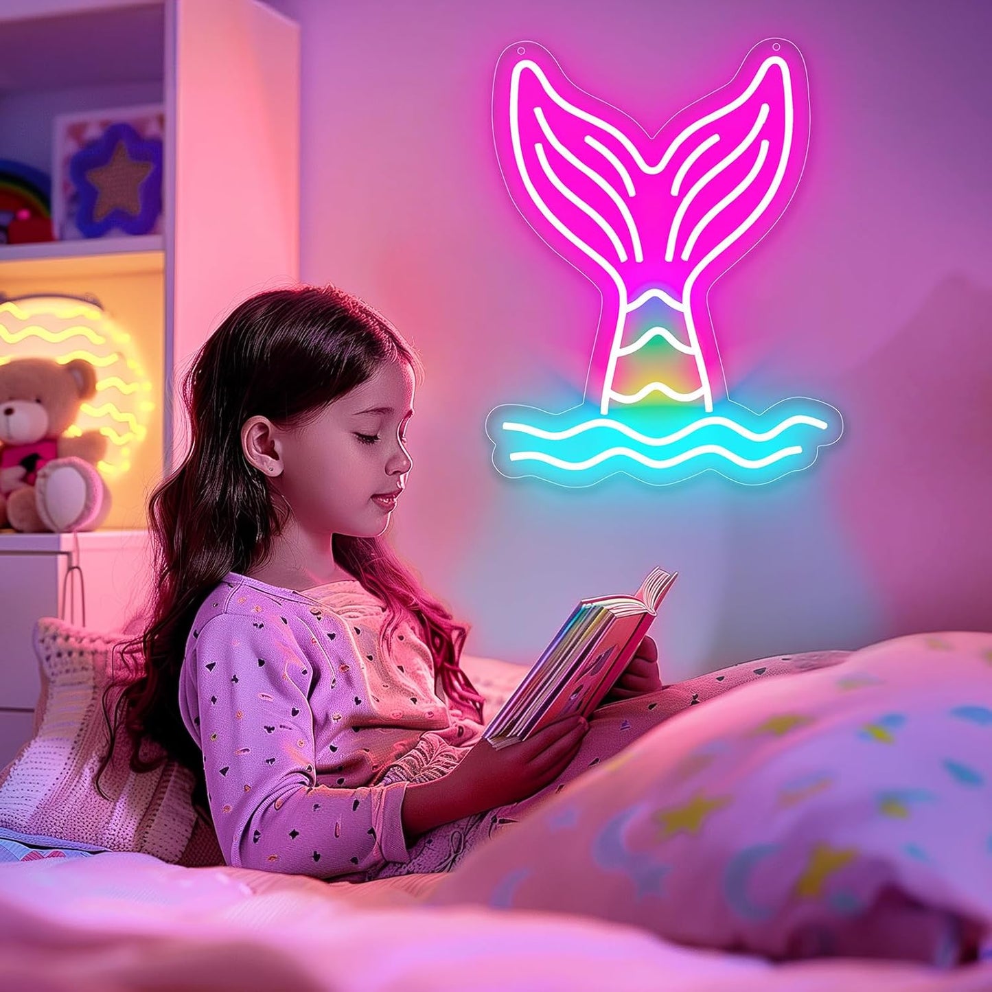 Mermaid Tail Neon Sign Dimmable Mermaid Neon Signs for Wall Decor, USB Powered Bright LED Mermaid Lamps for Girls Bedroom, Birthday Christmas Decor, Perfect Gifts for Girls(15.7*12.6inches)