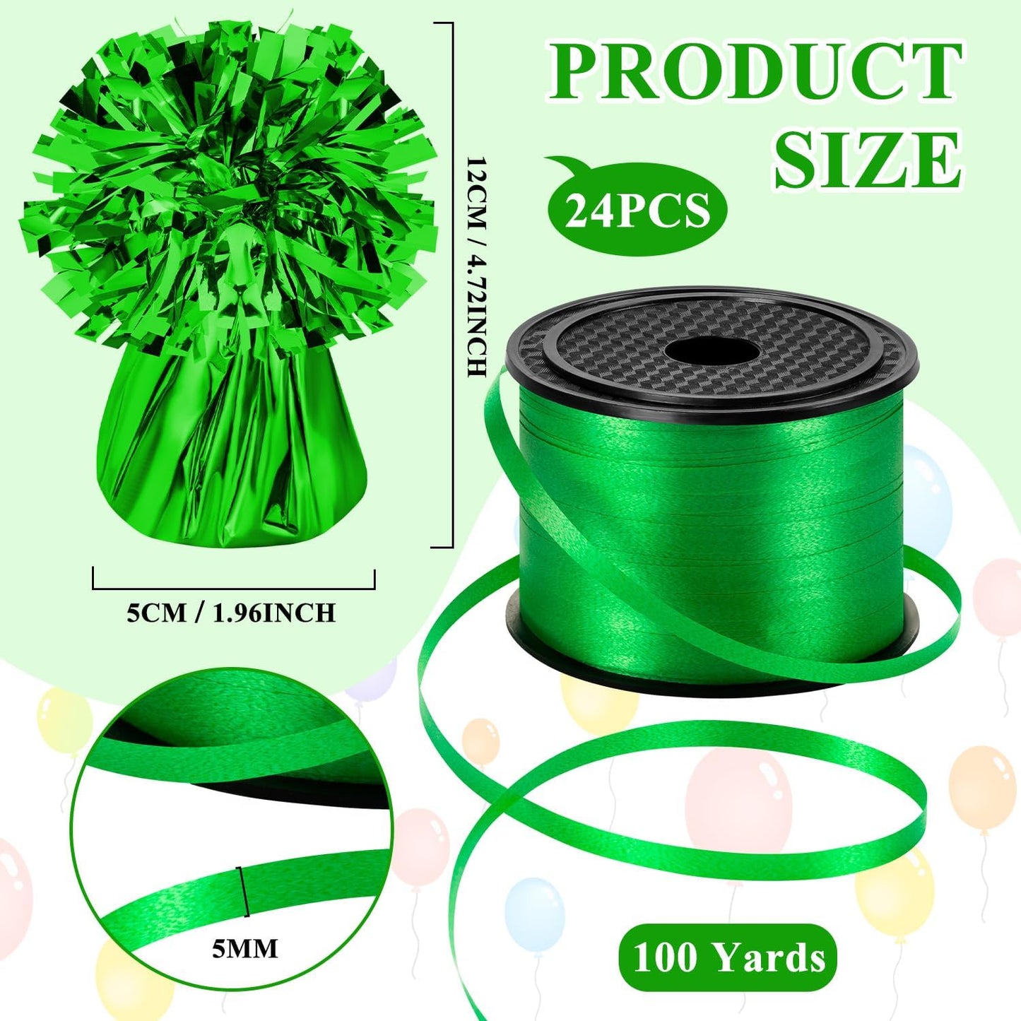 24 PCS Balloon Weights Metallic Anchor, Balloon Holder Heavy Weights with 1 Roll Green Crimped Ribbon for Balloons Table Party Favor Birthday Decor(Green)