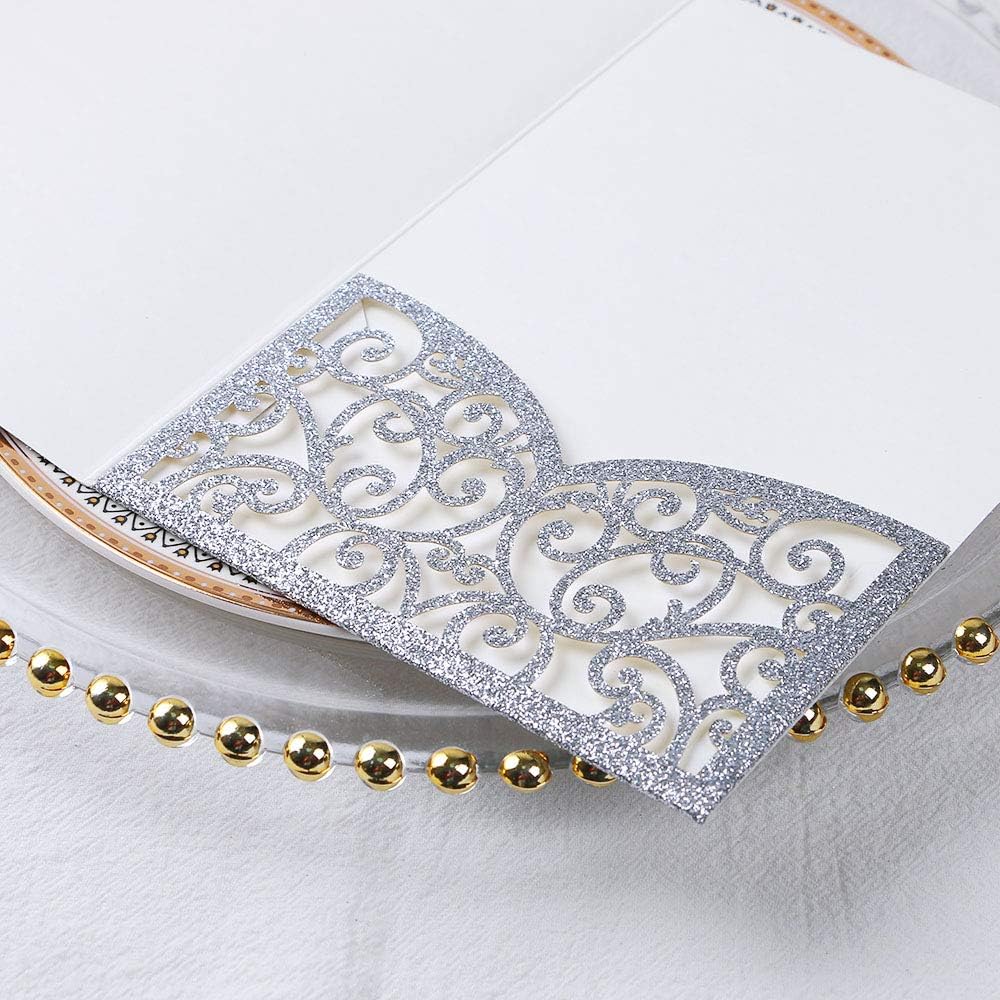 PONATIA 5.12 x 7.2 Laser Cut Invitation Pocket, 20 Tri-Fold 5 x 7 Laser Cut Wedding Invitation Pockets with Envelopes for Wedding Bbay Shower Birthday Sweet 16 Invite (Silver Glitter, No Inner Sheet)