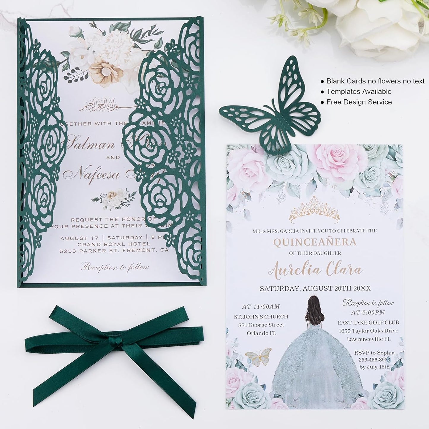 Emerald Green Wedding Invitations with Envelopes and Rsvp Cards, Blank Inner Cards, Ribbons, for Wedding Baby Shower Quinceañera Party Invitations 50 Sets