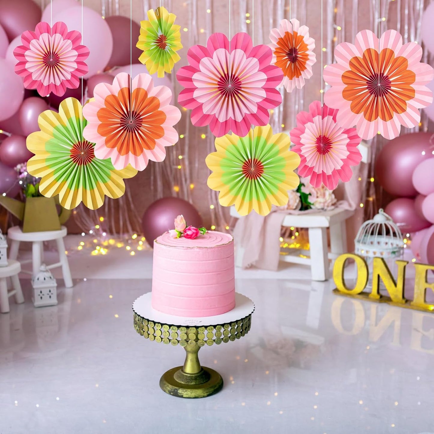 Easy Joy Paper Decorations Hanging Flower Fans - Floral Rainbow Paper Fans for Spring Summer Party, Wedding, Baby Shower - Set of 9