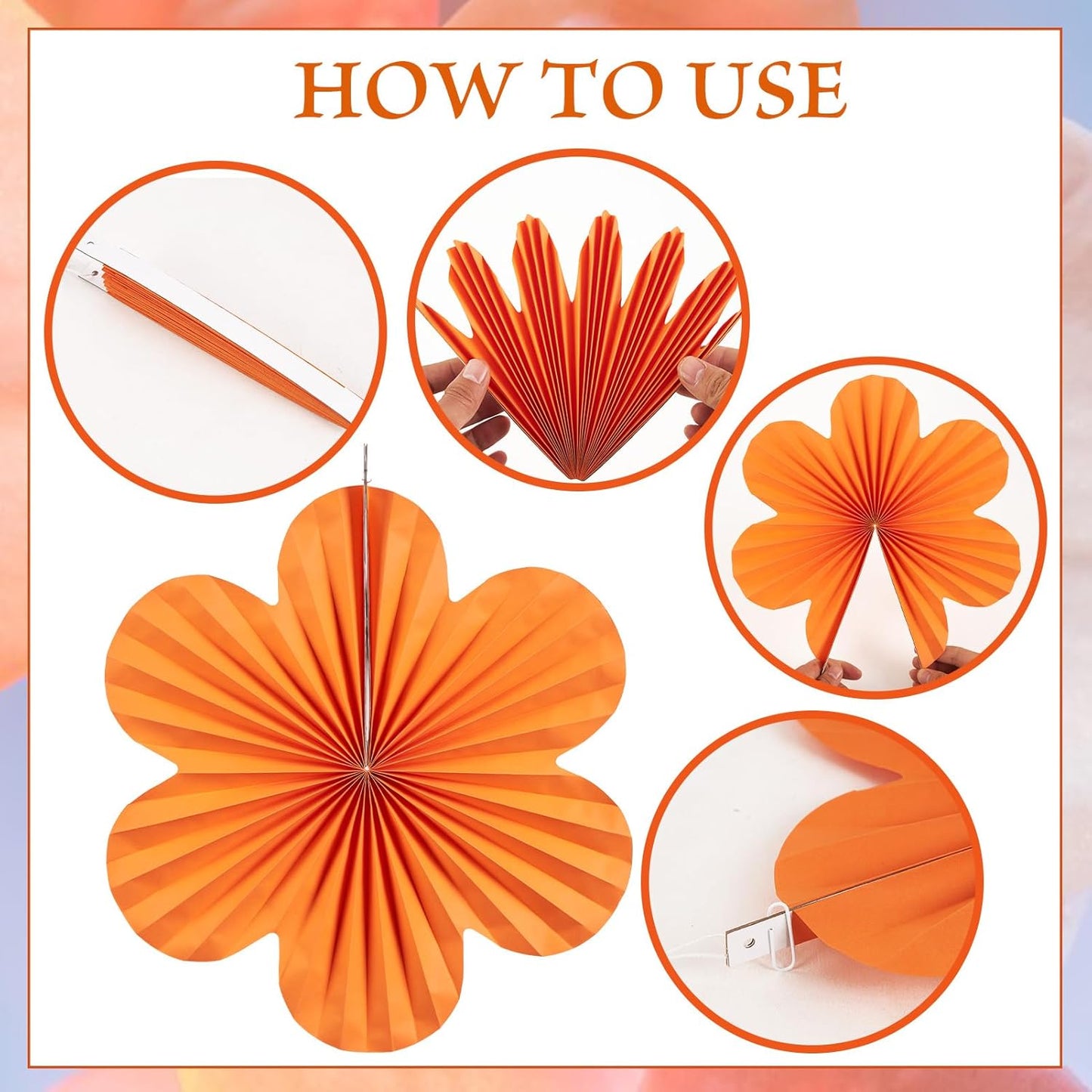 SUNBEAUTY Paper Flowers Decorations for Wall Paper Fans Classroom Decoration Paper Floral Backdrop Decor Paper Fans Decoration Hanging Paper Fans Orange Flower Wall Decor,Set of 9