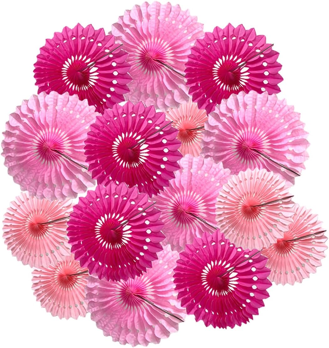 15pcs Pink Tissue Paper Fans Set - 6''/8''/10'' Round Honeycomb Fans for Party, Birthday, Wedding Events