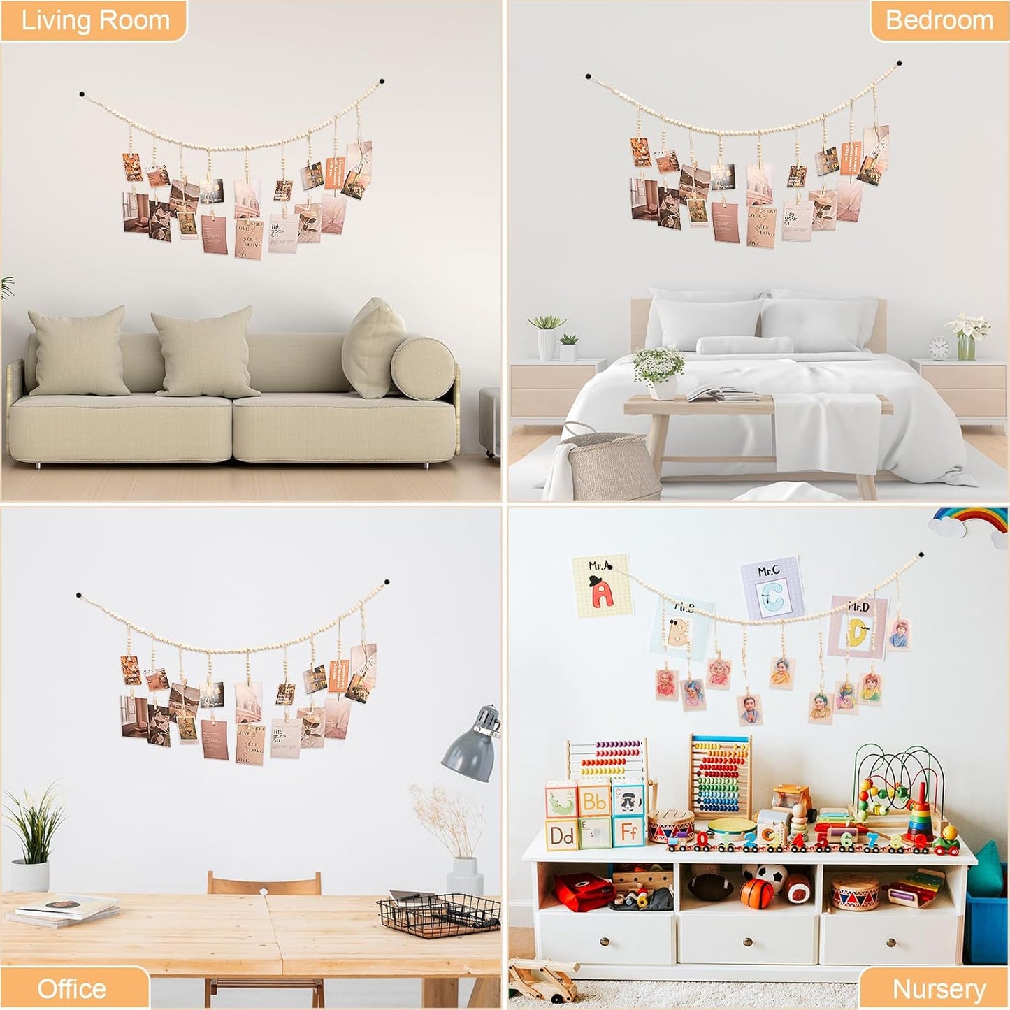 Hanging Photo Display with 18 Wood Clips, Boho Wooden Bead Wall Décor for Bedroom, Living Room, Dorm, Kids Art Picture Display