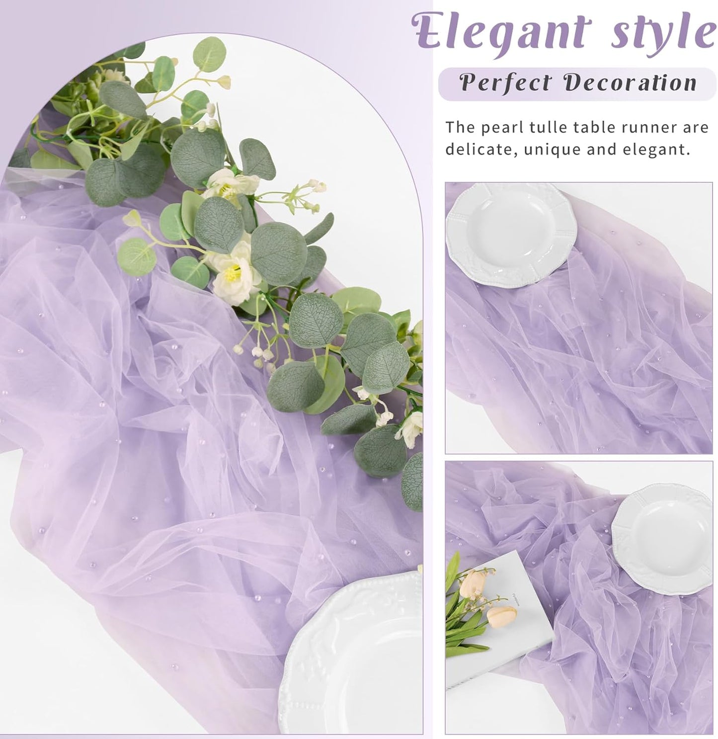 Pearl Table Runner 29 x 120 Inch Tulle Fabric Lace Table Runners Boho Rustic Tablecloth for Bridal Shower Birthday Party Wedding Arch Aisle Veil Dessert Table Decor(1 Pack, Light Purple)