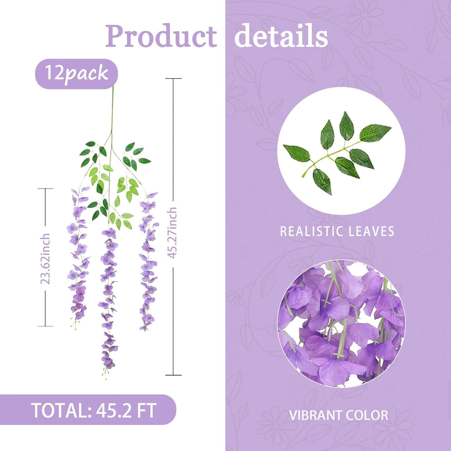 12 Pack Light Purple Wisteria Hanging Flowers Garland, 3.77 Feet Artificial Flower Vines, Fake Wisteria, Artificial Vines Hanging Garland for Backdrop Outdoor Yard Garden Decor