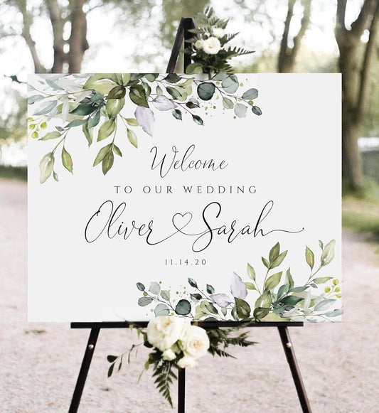 Wedding Welcome Sign, Elegant Eucalyptus Wedding Welcome Sign, 12" x 18" (Small), 27" (Medium), 36" (Large), Plastic, Modern, Pole Mount, Weather