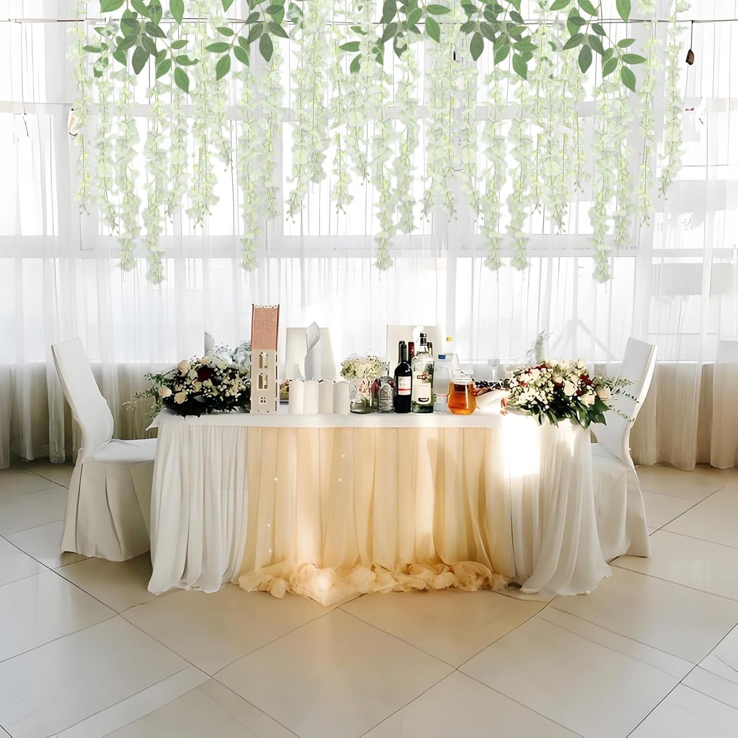 48 Pcs of Wisteria Hanging Flowers, 3.75 Ft Fake Flower Strings, Artificial Wisteria Flowers Hanging Garland for Backdrop, Wedding, Ceremony, Garden and Home Wall Decoration(White)