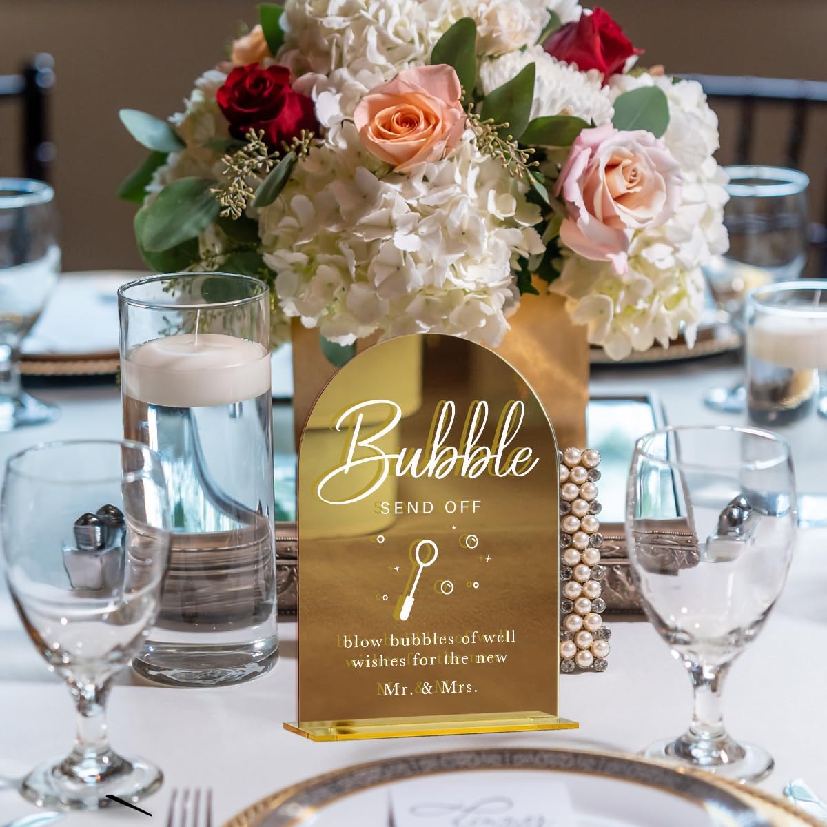 Acrylic Wedding Sign, Bridal Shower Decorations, Bubble Send Off Sign for Ceremony, Modern Font Table Signs, Gold Mirror Arched Acrylic Tabletop Signs for Wedding Reception and Event Party