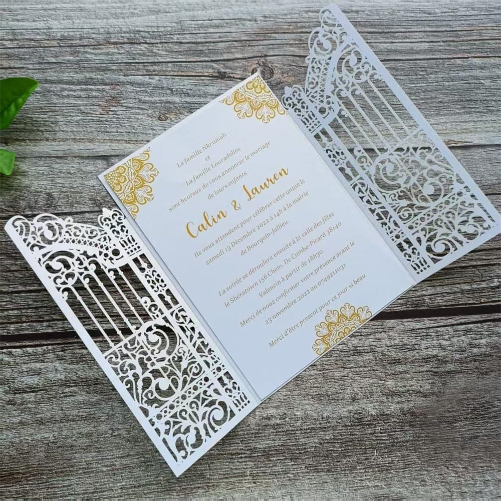 MillaSaw White Gate Invitation Card For Wedding Bridal Shower Valentine Birthday Party 25 Sets (white, 4.9"x7.1")