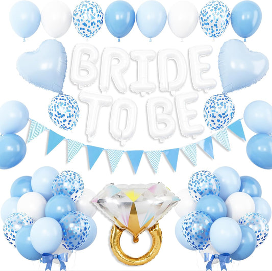 Blue White Bachelorette Party Decorations, White Bride To Be Bridal Shower Balloons Decorations, Blue Confetti Balloons with Diamond Ring Baby Blue Heart Balloon for Bachelorette Engagement Wedding