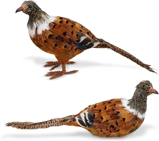 naturevibe Feathered Pheasant Decor Set of 2,Simulation Woodland Animals Figurines with Natural Pheasant Feathers as Fall Home Decor or Gifts for Autumn Harvest Festival