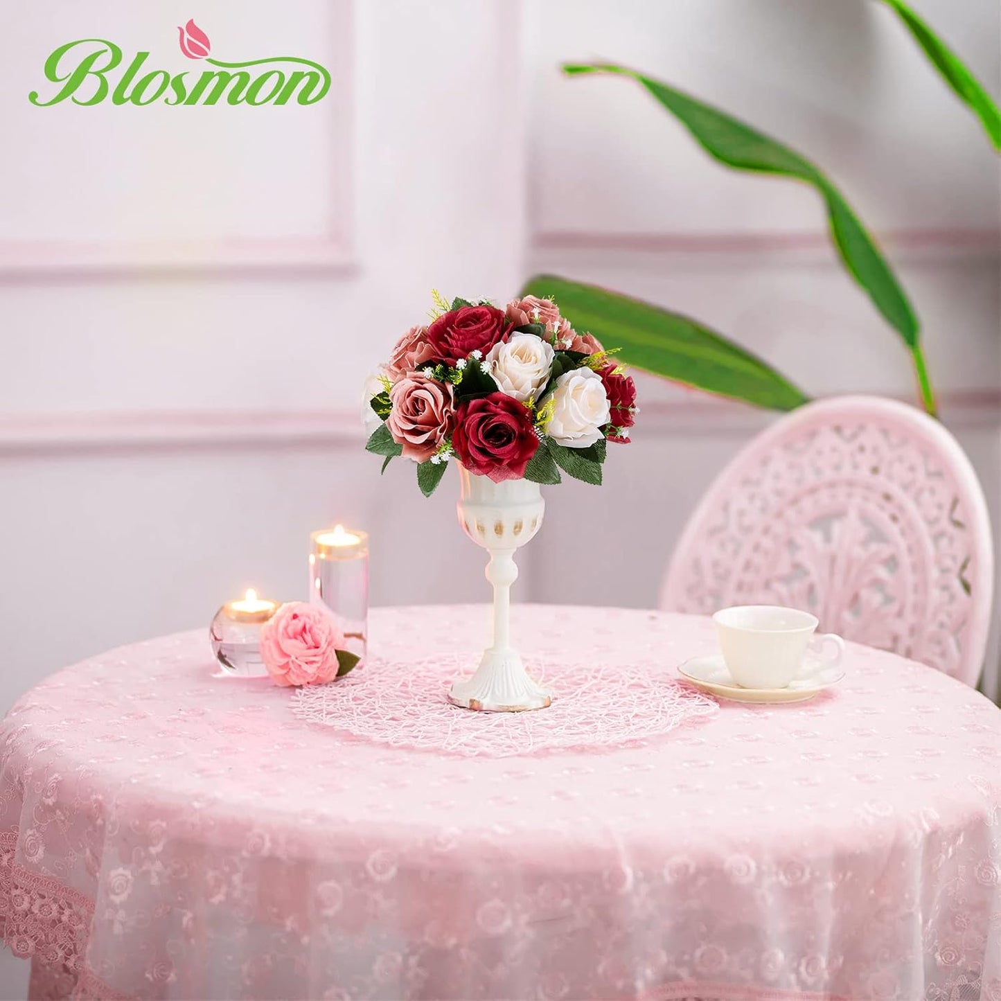BLOSMON Wedding Flowers Decorations for Table: 6 Pcs Burgundy & Dusty Rose & Creamy White Fake Rose Flowers Balls Centerpieces- Artificial Silk Kissing Floral Arrangements Home Party DIY Decoration