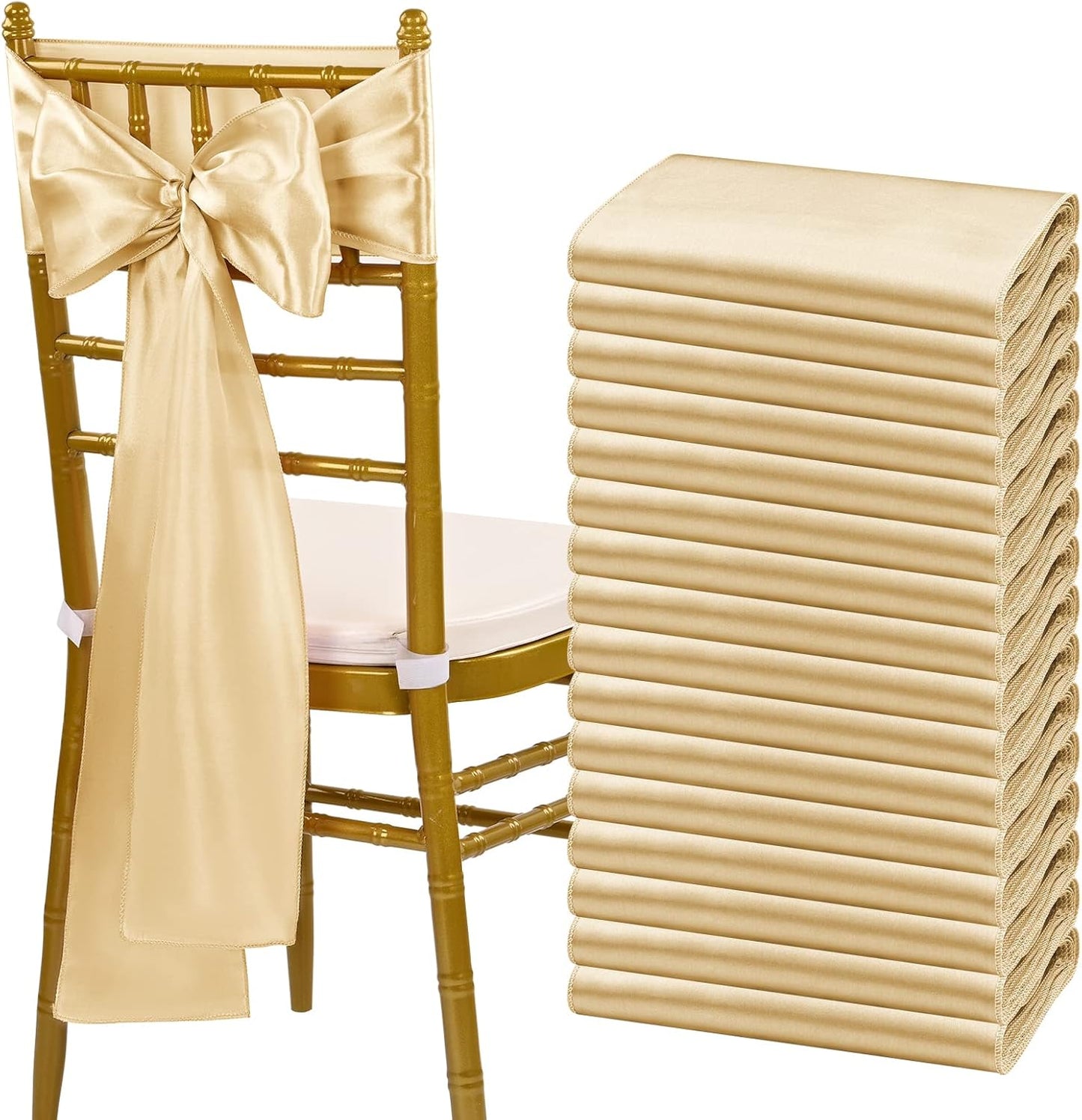 fani 60 PCS Champagne Satin Chair Sashes Bows Universal Chair Cover for Wedding Reception Restaurant Event Decoration Banquet,Party,Hotel Event Decorations (7 x 108 inch)