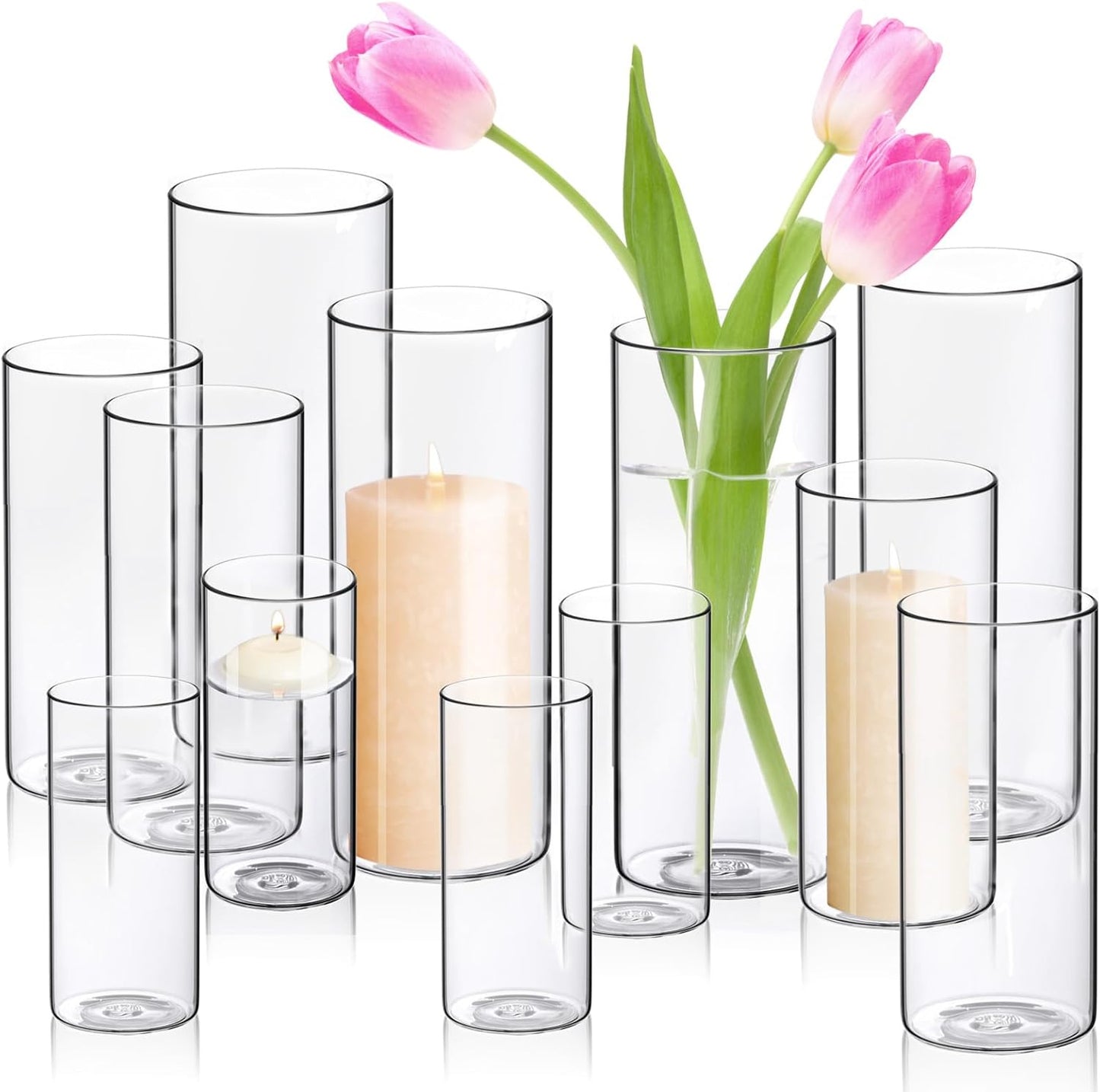 Cylinder Flower Vases 12PCS 10" 7.8" 6" Hurricane Candle Holders Pillar Votives Floating Candles Holder, Clear Glass Vase for Spring Easter Wedding Party Decorations