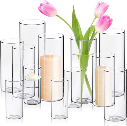 Cylinder Flower Vases 12PCS 10" 7.8" 6" Hurricane Candle Holders Pillar Votives Floating Candles Holder, Clear Glass Vase for Spring Easter Wedding Party Decorations