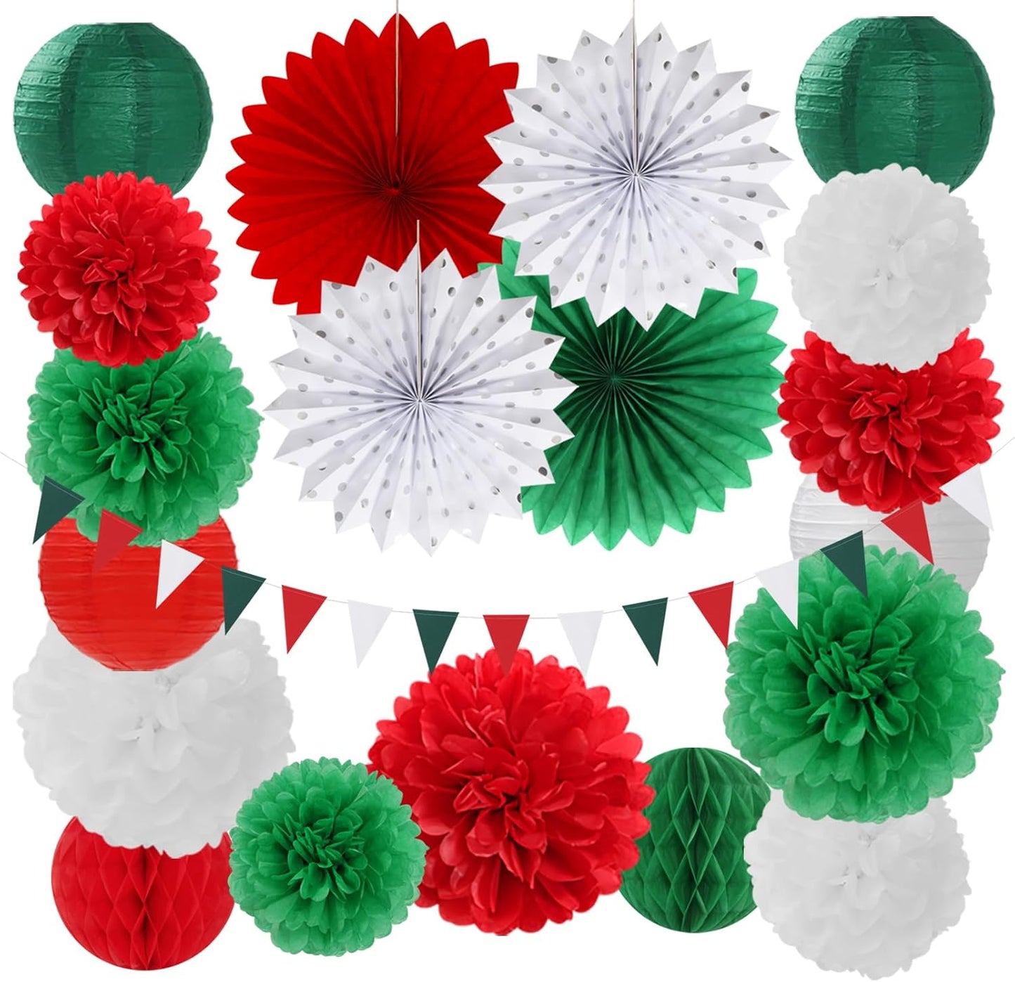 Red Green-White Christmas Party Decorations - 20pcs Mexican Italian Paper Lanterns Fans,Tissue Pom Poms,Honeycomb Balls,Bunting,Birthday Mexico Italy Baby Shower Wedding Decor Burgleda