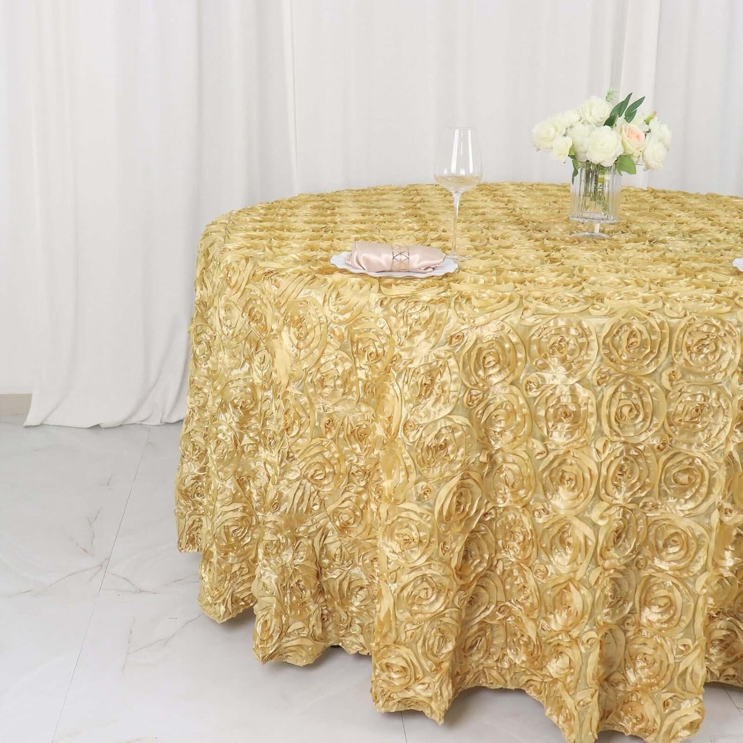 Efavormart 120" Wholesale Round Table Cover Champagne Grandiose Rosette 3D Satin Tablecloth for Wedding Party Event Decoration